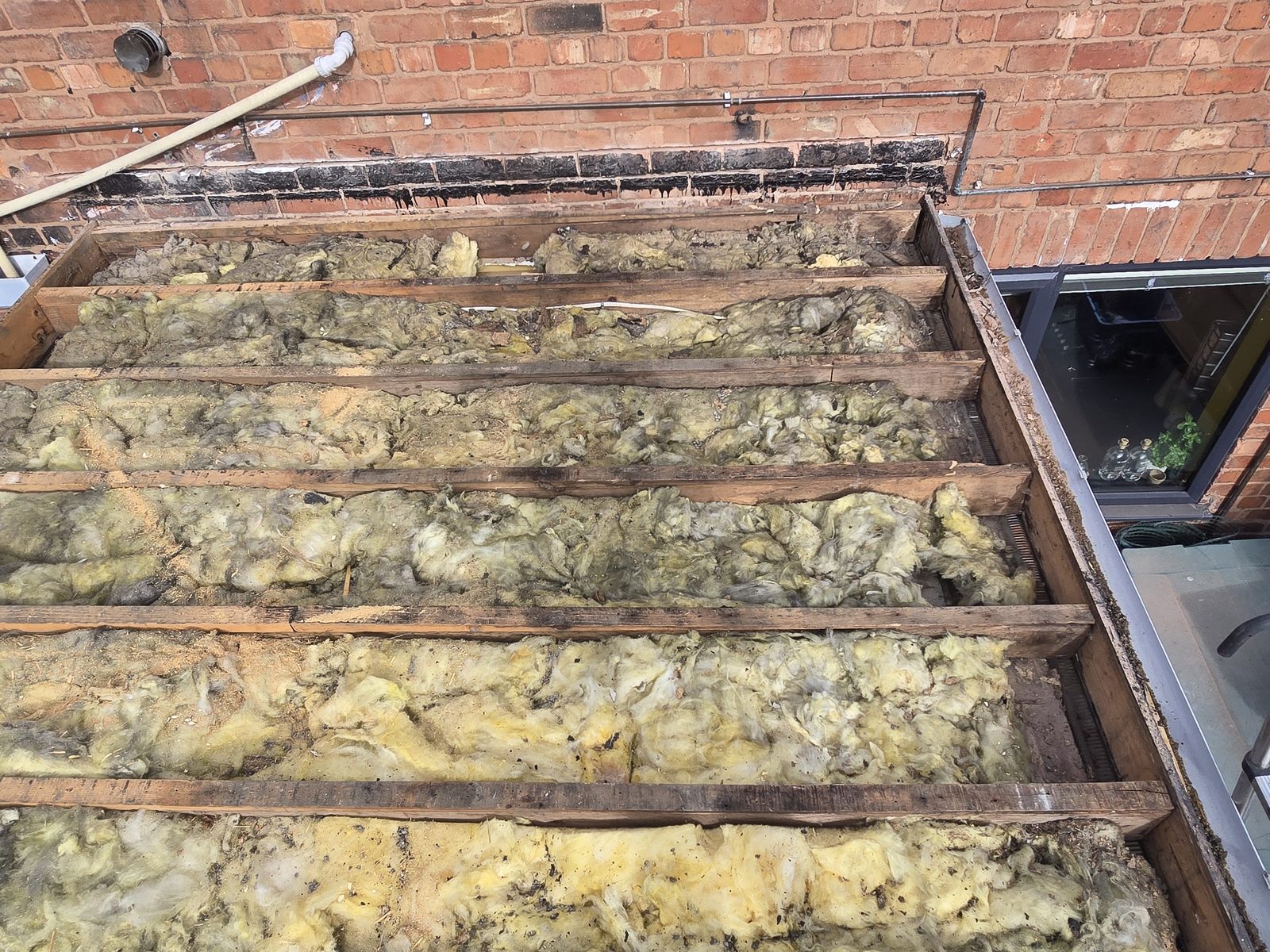 Flat roof deck removed showing the joists and existing insulation beneath