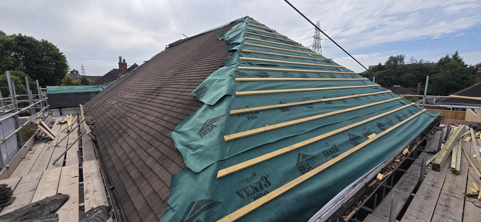 Cromar Vent3 Pro breathable membrane and new tiling battens on the hip end of the roof