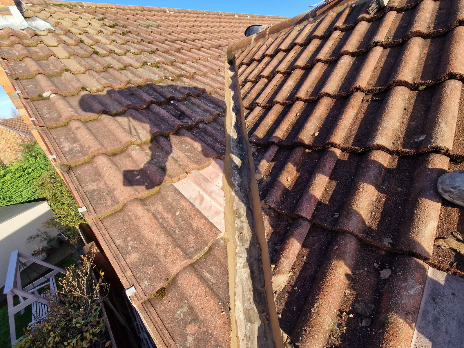 Pitched tile roof valley during a re-roof